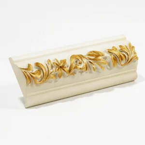 Ornate decorative molding featuring intricate floral designs in gold on a white background, showcasing elegance and craftsmanship. Its White And Gold PU Cornice Dado Rail