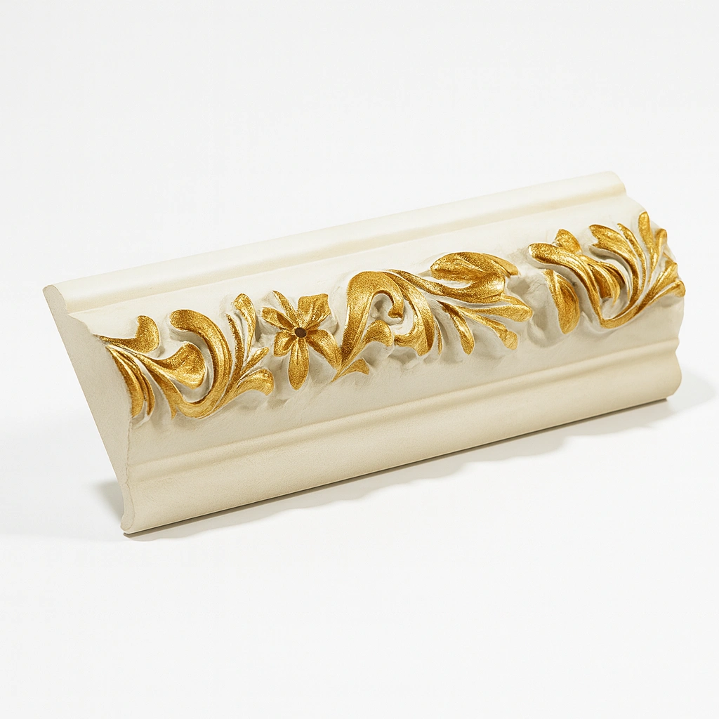 Ornate decorative molding featuring intricate floral designs in gold on a white background, showcasing elegance and craftsmanship. Its White And Gold PU Cornice Dado Rail