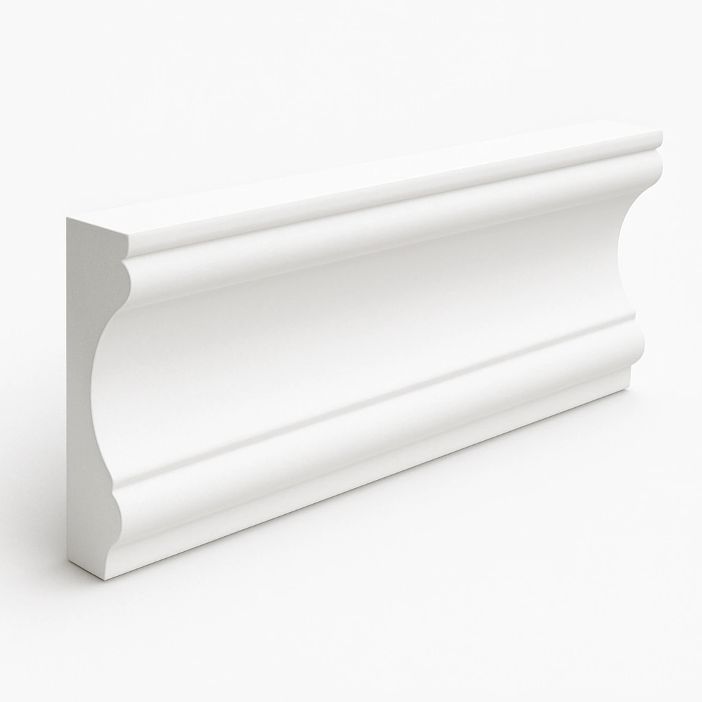 A white, triangular light fixture cover sits beside a flat, rectangular light fixture housing, both designed for ceiling installation. Its Called EPS Plain Cornice 5mmx140mmx2m