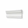 Two white decorative molding pieces: one scalloped design and one simple raised panel, displayed side by side on a black background. Its Called White EPS Plain Cornice 11mmx122mmx2m