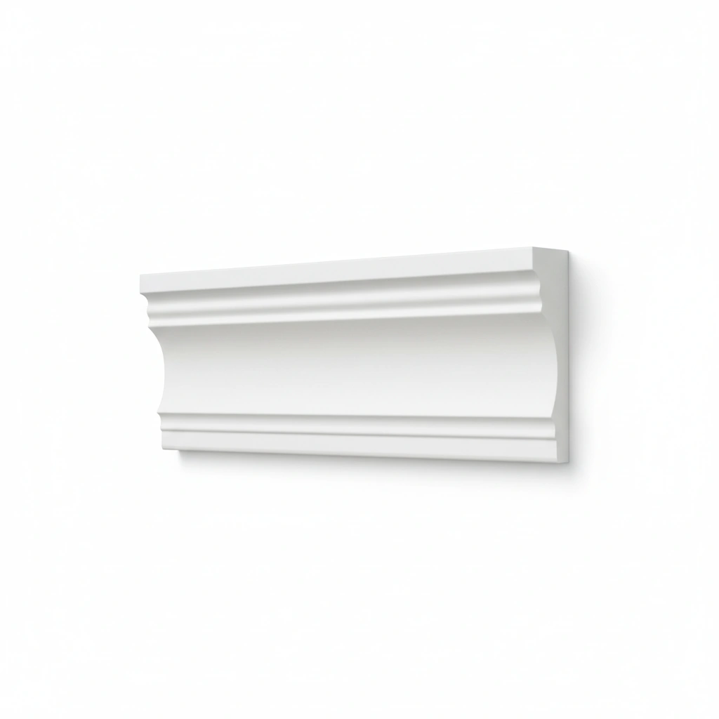 Two white decorative molding pieces: one scalloped design and one simple raised panel, displayed side by side on a black background. Its Called White EPS Plain Cornice 11mmx122mmx2m