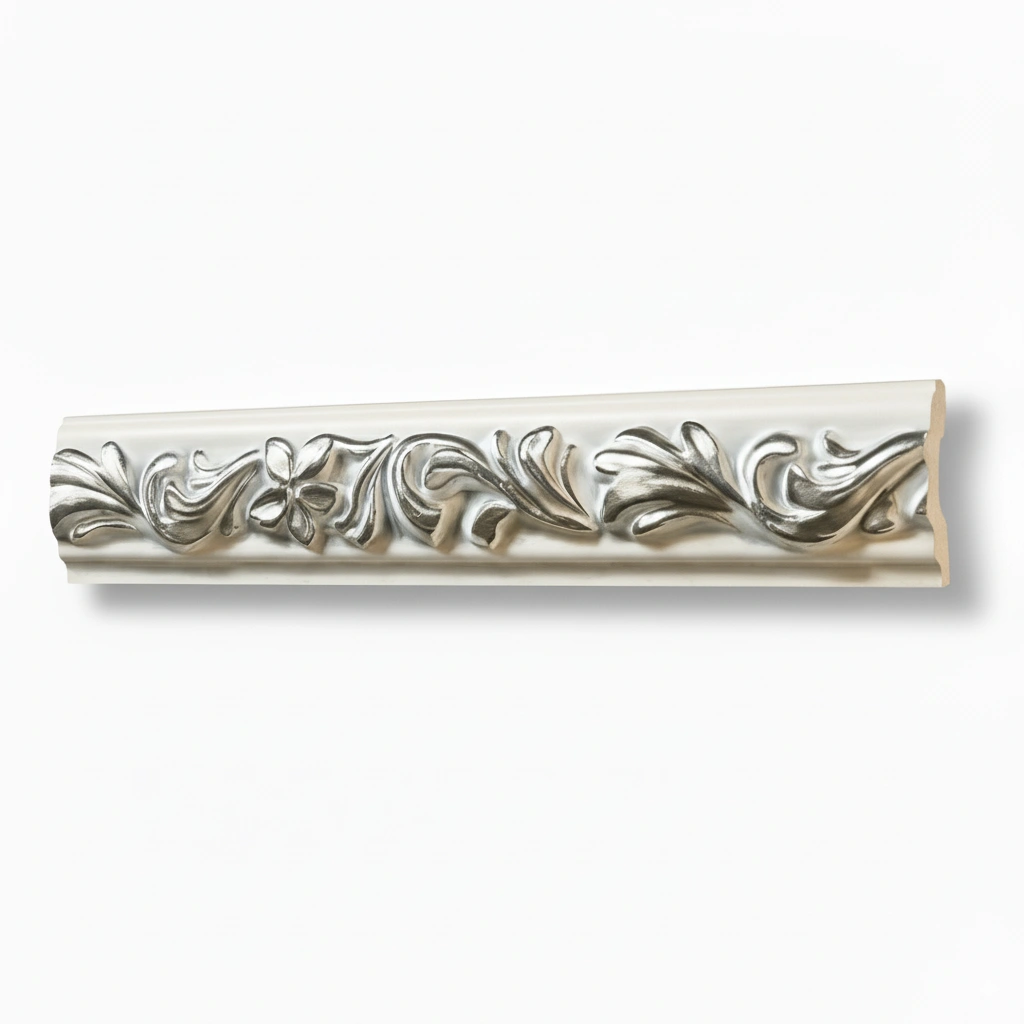 Ornate decorative molding featuring intricate floral patterns in gold and silver tones, displayed in a curved and straight section. Its White and Silver PU Cornice Dado Rail