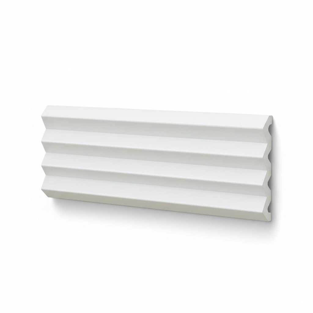 Two white architectural moldings side by side: one with a scalloped design and the other featuring parallel grooves. Its Called EPS Plain Cornice 6mmx140mmx2m