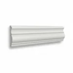 Two white fabric samples: one is a ruffled flare skirt design, and the other is a smooth, straight-edged panel. Its EPS Plain Cornice 12mmx140mmx2m