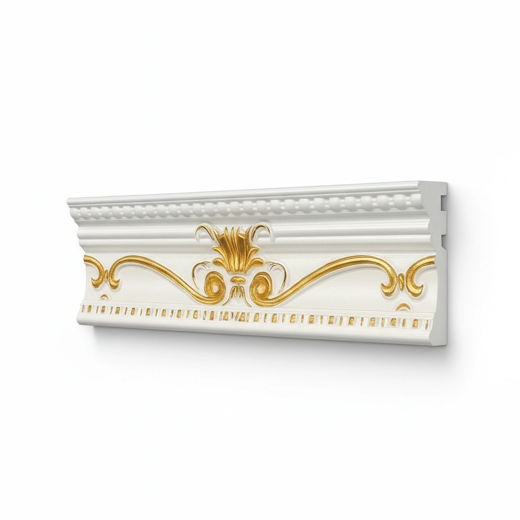 Decorative ceiling frieze featuring elegant golden floral motifs on a white background, with wavy lines and intricate detailing. Its Polystyrene T-Series Cornice White and gold 100mmx2mDecorative ceiling frieze featuring elegant golden floral motifs on a white background, with wavy lines and intricate detailing. Its Polystyrene T-Series Cornice White and gold 100mmx2m