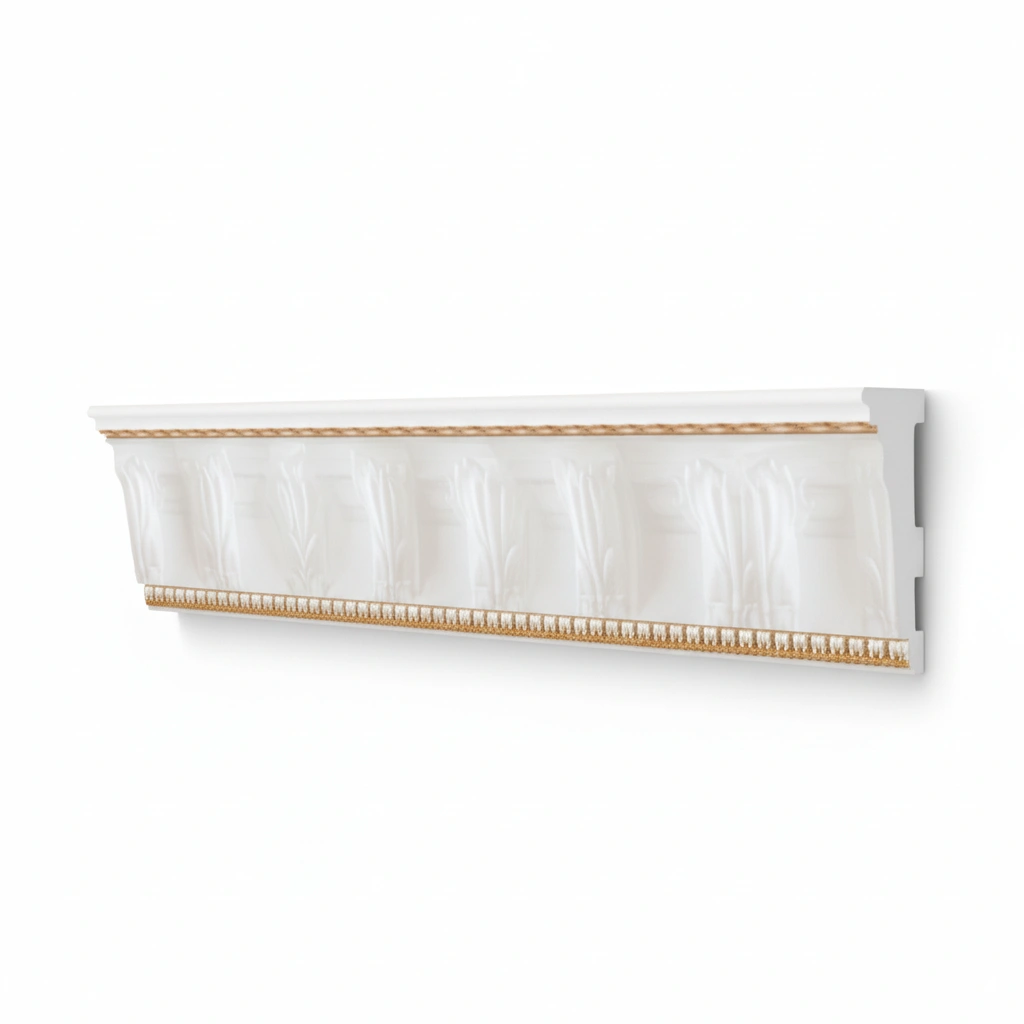 A decorative ribbon with a translucent, glossy finish, featuring a series of evenly spaced light-colored designs along its length. Polystyrene T-Series Cornice White and Gold 100mmx2m