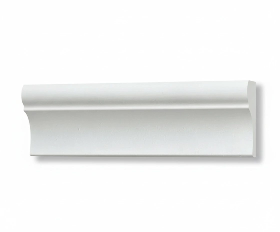 Two white crown moldings: one with a curved profile and the other with a flat edge, showcasing their different designs. Its Called EPS Plain Cornice 11mmx125mmx2m