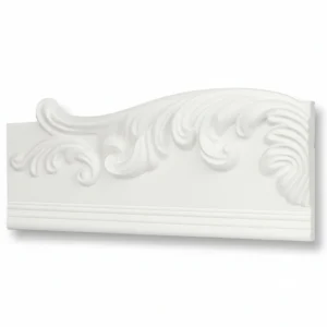 Two views of ornate white decorative molding featuring intricate scrollwork and a shell motif, showcasing elegant craftsmanship. Its Called EPS Pattern Cornice 103mmx2m