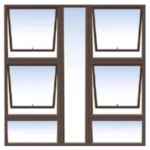 Digital illustration of a six-pane window with a dark brown frame. Each pane is slightly open at the top, allowing a view of the light blue sky behind. The window is symmetrically divided into two columns of three panes each. Its Called Aluminum Window 1.5M X 1.5M (P4TT1515)