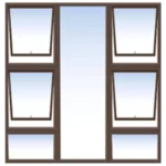 Illustration of a window with a central panel flanked by two columns of three smaller, angled panes on each side. The panes appear to open outward, and the frames are dark brown. Its Called Aluminium Window 1.8M X 1.5M