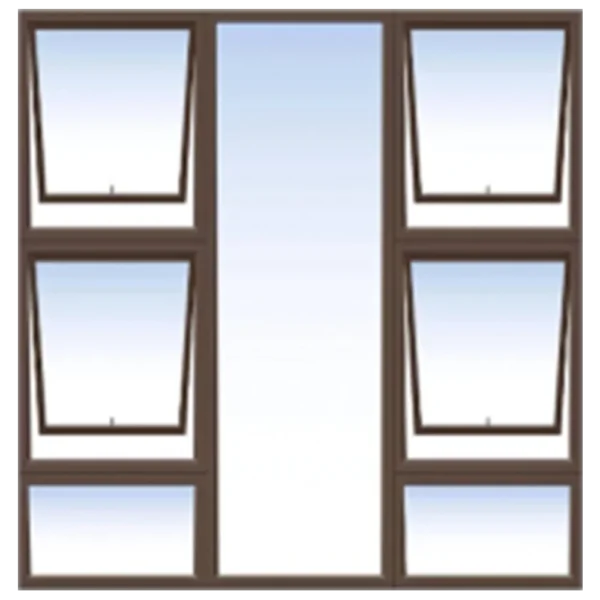 Illustration of a window with a central panel flanked by two columns of three smaller, angled panes on each side. The panes appear to open outward, and the frames are dark brown. Its Called Aluminium Window 1.8M X 1.5M