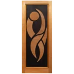 A wooden panel featuring an abstract design of a stylized human figure in warm tones against a black background. Its Called Pine Design Full Door