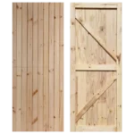 Two types of wooden doors: the left features vertical planks, while the right showcases a slatted design with diagonal support beams. Its Called Pine Full Door Open Back