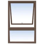 Illustration of a brown-framed window with two panels. The top panel is tilted open inward at the bottom, allowing ventilation. The lower panel is closed. The sky outside is visible through the blue-tinted glass.its called Aluminum Window (600*900MM)(PT69)