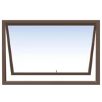 Illustration of an awning window with a wooden frame. The window is slightly open, tilting outward from the bottom. The background shows a gradient of light blue to white, resembling a clear sky. Its called Aluminum window(Aluminium window (900*600MM) (PT96)