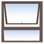 A diagram of a two-pane window with a brown frame. The top pane is slightly open, tilting inward. The bottom pane is closed. The glass appears clear, reflecting a light blue sky. its called Aluminum Window (900*900MM)(PT99)