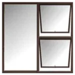 A rectangle divided into three sections with brown frames. The left section is a vertical mirror, and the two right sections feature angled mirrors with a slight tilt. Its Called Aluminium Window 1.2M X 1.2M Size (PTT1212L)