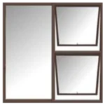 A three-panel window with a brown frame. The left panel is a large rectangle, while the right side has two smaller, rectangular panels stacked vertically. Its Called Aluminium Window 1.2M X 1.5