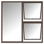 A brown-framed window with three panes. The left pane is a large vertical rectangle, and the right section has two smaller rectangular panes, one above the other, each slightly tilted outward.Its called Aluminum window (1.5M*1.2M) (PTT1512L)