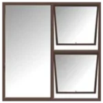 A brown-framed window with three sections: a large rectangular pane on the left and two smaller, tilted rectangular panes on the right. The smaller panes are slightly open at the bottom. Its called aluminium window 1.5M X 1.5M (PTT1515L)