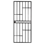 A black metal security door with a grid design of vertical and horizontal bars, creating rectangular and square patterns. A handle is visible on the left side. Its Called Security Steel Gate Square Tube With Lock Box Included