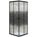 Modern shower enclosure with a black frame, featuring textured glass and a mosaic pattern at the top, set on a white base. Its Called Shower Door Square Corner Entry