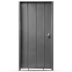 A sleek, gray metal Steel Combi Door with vertical panels and a simple handle, featuring a secure lock at the side.