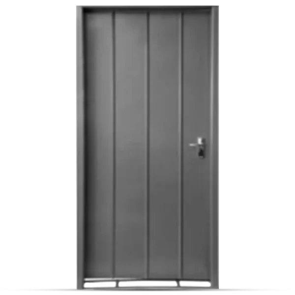 A sleek, gray metal Steel Combi Door with vertical panels and a simple handle, featuring a secure lock at the side.