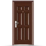 Brown steel Door 6 Panel door with a sleek silver handle and a peephole, framed in a light-colored border.