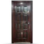 A wooden door with a rich mahogany finish featuring eight panel rectangular panels and a modern lock and handle on the right side. Its Called Steel Door 8 Panel