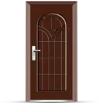 Elegant brown Steel Door Kentucky featuring a decorative glass panel with an arched design and modern silver handle.