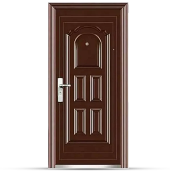 A stylish brown entrance Steel Door Victoria with ornate paneling and a sleek silver handle, featuring a small peephole at the top.