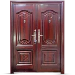 Elegant double wooden doors with intricate carvings and polished handles, showcasing rich mahogany wood grain. Its Called Steel Door Victoria Double Heavy Duty 1.5M*2.1M