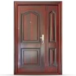 Elegant wooden door with a rich mahogany finish, featuring intricate panels and a modern handle. Its Called Steel Door With Sidelight Heavy Duty 1.2M x 2.1M