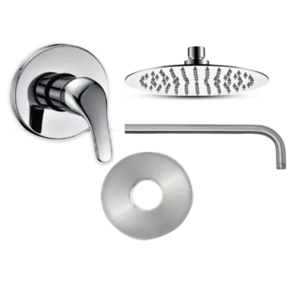 A collection of sleek chrome shower components: a handle, overhead showerhead, a spout, and a circular escutcheon plate. Its Called Sliver Shower Mixer Set