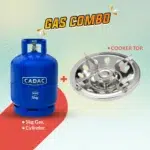 Blue CADAC 5kg gas cylinder combined with a stainless steel cooker top, promoting a cooking gas combo offer. Its Called 5kg Gas with Cylinder and Cooker top Combo