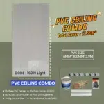 Image showing a PVC Ceiling Combo advertisement. The total cover is 17.55m², with PVC size 6mm*300mm*3.9m. Includes various items like PVC ceiling pieces, cornices, downlight kits, and a pack of drywall screws. Code: 16019 Light. PVC Ceiling Panel Combo (16019)