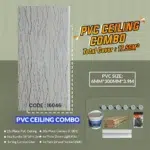 Image of PVC ceiling combo featuring a patterned panel with a wavy line design. Includes product specifications: 6mm thickness, 300mm width, 3.9m length, and total coverage of 17.55m². Additional items displayed in the set. Its PVC CEILING Panel COMBO (16046)