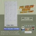 Image of a PVC Ceiling Combo advertisement. Features a patterned PVC panel, product code 16071. Includes various items like cornice glue, corner pieces, plaster mixture, PVC pipes, light kits, and drywall screws. Total cover: 17.55 m². PVC Ceiling Panel Combo (16071)