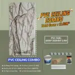 Promotional image for a PVC ceiling combo package. Shows a marble-pattern panel with code 16073. Includes PVC panels, cornices, down light kits, bamboo, drywall screws, adhesive, and a corner guide. Total cover: 17.55m². PVC Ceiling Panel Combo (16073)