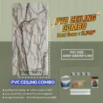 Advertisement for a PVC Ceiling Combo. Features an image of a marbled PVC ceiling panel with the code 16073. Includes combo details like PVC size, total coverage area, and items such as cornice, glue, LED lights, drywall screws, and more. PVC Ceiling Combo (16073)