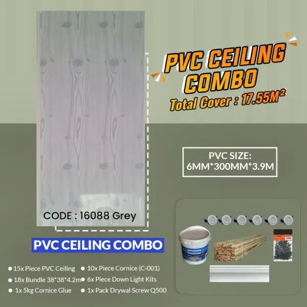 Introducing the PVC Ceiling Panel Combo (16088) – an all-in-one package featuring premium PVC sheets, elegant cornice pieces, light kits, drywall screws, and adhesive. Perfectly designed to cover 17.55m² of ceiling space with ease and style. Upgrade your interiors effortlessly!.