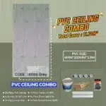 Advertisement for PVC Ceiling Combo showing a product image of PVC panels with details: total cover 11.70m², size 6mm*300mm*3.9m. Package includes panels, cornice, and lights. Labeled CODE: 16088 Grey. PVC Ceiling Combo (16088)