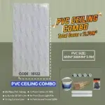 PVC ceiling combo advertisement with a detailed product list: PVC size 6mm x 300mm x 3.9m, 10 PVC panels, 7 cornices, 4 downlights, one bundle 38mm nails, 12g cornice glue, and drywall screws. Total cover: 11.70m². Code: 16122. Its Called PVC Ceiling Combo (16122)