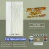 Promotional image for a PVC Ceiling Combo pack. Includes a textured PVC panel, with added items like glue, cornice pieces, downlight kits, bundle baton, and drywall screws. Total cover of 17.55m², with dimensions of 6mm x 300mm x 3.9m per sheet. Its Called PVC Ceiling Panel Combo (16127)