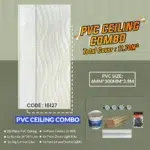 Advertisement for a PVC ceiling combo set. Includes images of PVC panel, a bundle of ceiling supplies, screws, and PVC cornice. Text details: PVC Ceiling Combo, covers 11.70m², PVC size 6mm x 300mm x 3.9m, code 16127, with listed items in the set. Its Called PVC Ceiling Combo (16127)