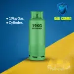 A green 19kg cylinder and gas Combo labeled "19KG EXCHANGE" against a blue and yellow background, promoting a gas exchange service.