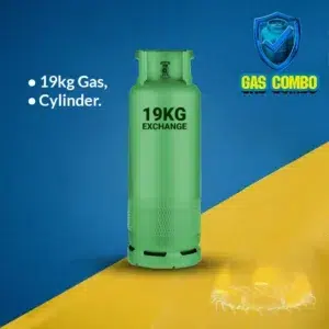 A green 19kg cylinder and gas Combo labeled "19KG EXCHANGE" against a blue and yellow background, promoting a gas exchange service.