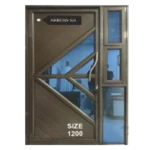 A brown metal security door with a geometric design and a small glass window on the right. A sign above reads ARROW 501 and the bottom of the door displays SIZE 1.2M*2.1M. There is a curved handle for opening. Its Called Aluminium Fancy Door with SideLight