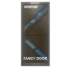 Geometric-designed door with the label Fancy Door. It has a mix of diagonal and triangular panels in brown, with a reflective surface showing part of an interior space.Its Called Aluminium Door – Single (MWD48)